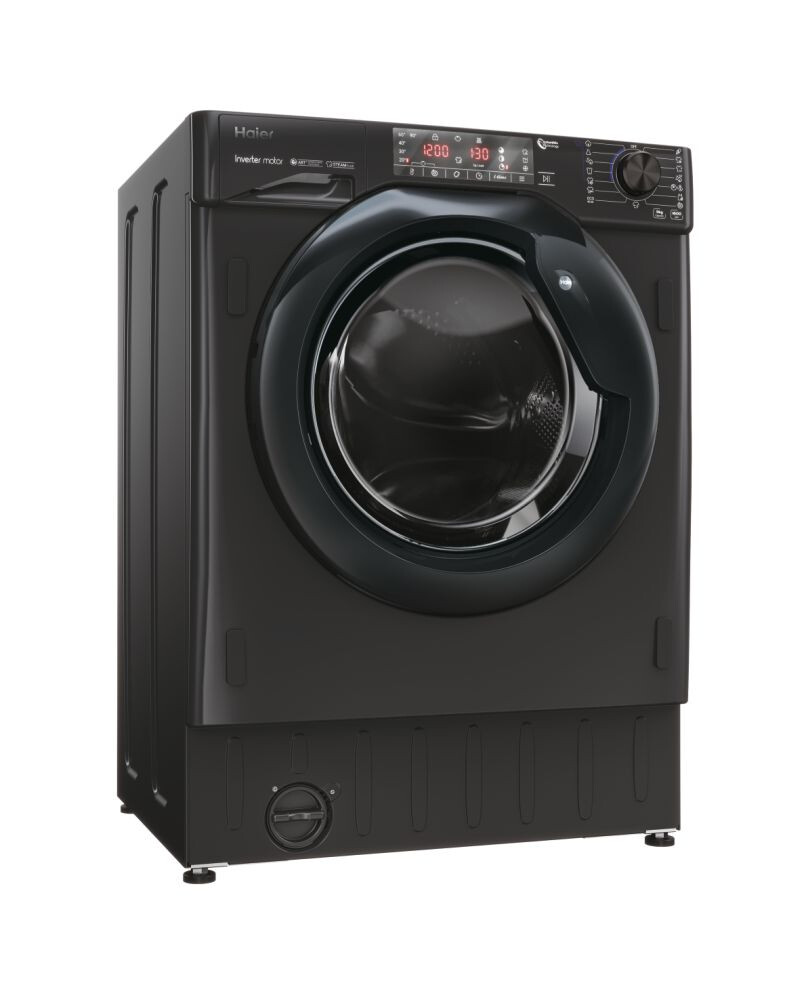 Lavatriçe e integruar Haier HWQ90B416FWBB-S, 9 kg, 1600 rpm, motor inverter BPM, Klasi A, E zezë me shkëlqim, 15+1 programe, L x H x L (cm) 60x53x82