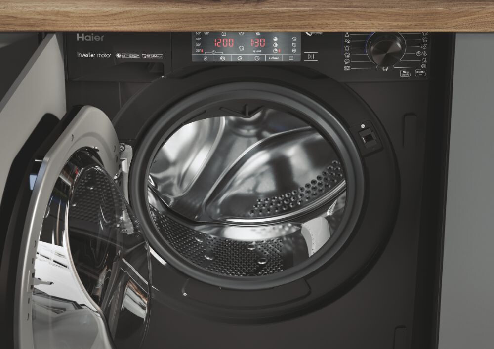 Lavatriçe e integruar Haier HWQ90B416FWBB-S, 9 kg, 1600 rpm, motor inverter BPM, Klasi A, E zezë me shkëlqim, 15+1 programe, L x H x L (cm) 60x53x82