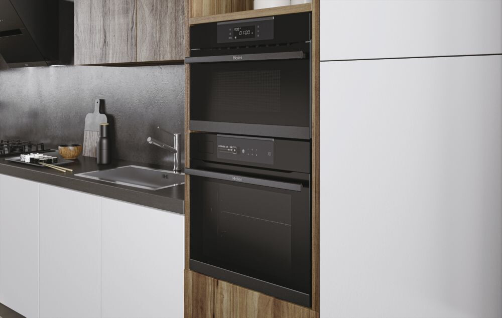 Furrë e integruar Haier HWO60SM5S9BH, me shumë nivele, 70 litra, Pirolitike, 9 funksione, Klasi A+, E zezë