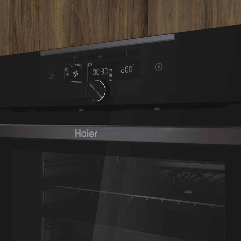 Furrë e integruar Haier HWO60SM5F5BH, me shumë nivele, 70 litra, e, 11 funksione, kontroll dhe përmbajtje të avancuar (Wi-Fi + BLE), Klasa A+, E zezë