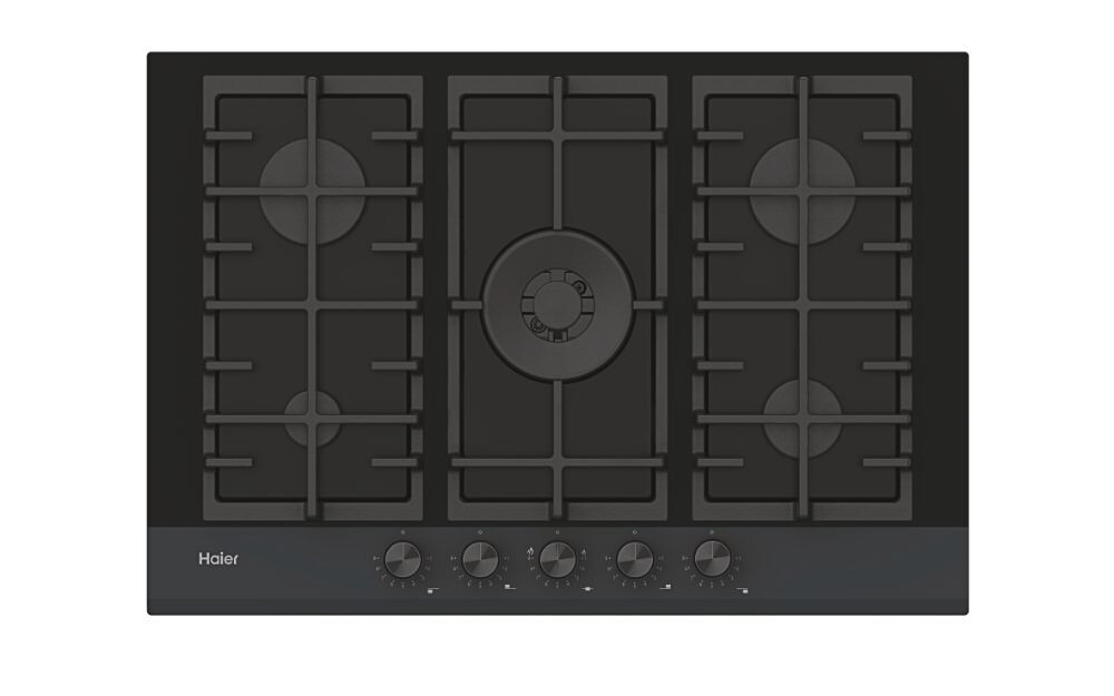 Pllakë me gaz Haier HAVG75HB, 5 zona, E zezë, xhami sigurie, Seria 4, 75 cm