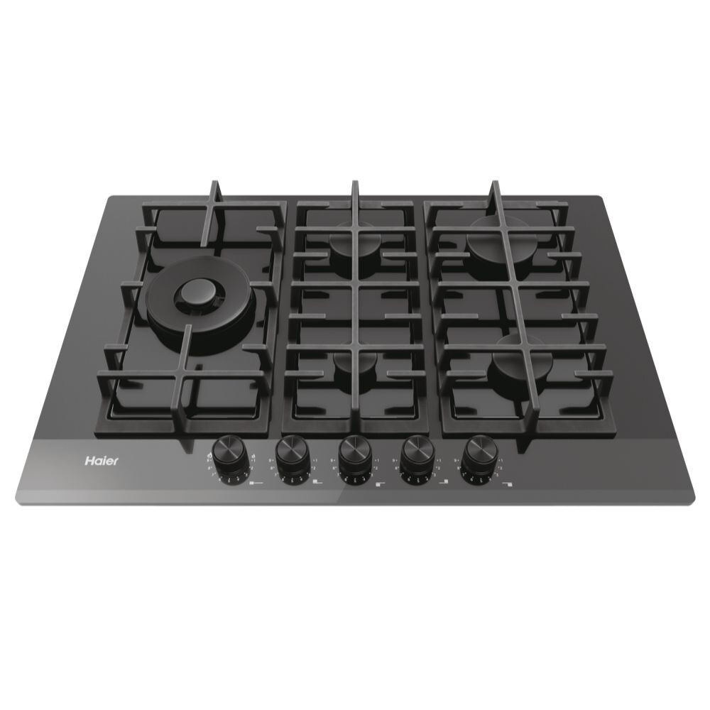 Pllakë me gaz Haier HAVG7WL4HB, 5 zona, E zezë, Gas On Glass Seria 6, 75 cm