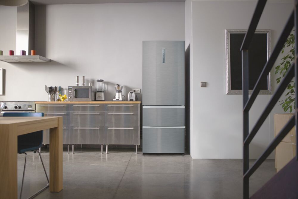 Frigorifer Haier A3FE743CPJ, 3D 70 Seria 3 I pavarur, 3 dyer, Pa ngrica, Ndriçim LED, Klasi E, Platinum Inox, L x H x I (mm) 700x675x1906