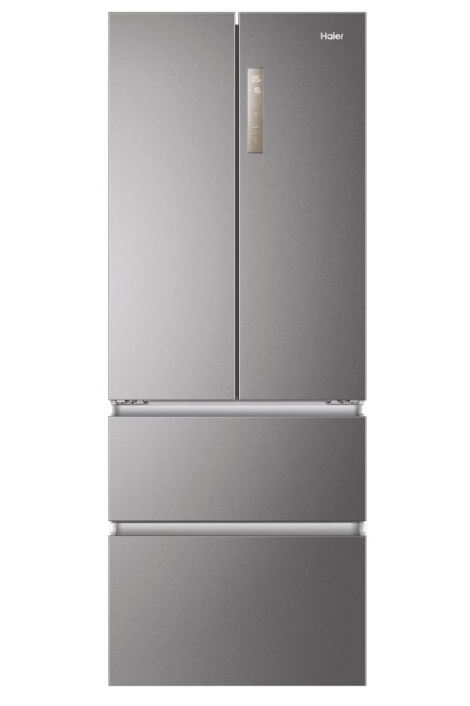 Frigorifer inox me dyer franceze Haier HB17FPAAA, me këmbë të pavarur, 4 dyer, pa ngrica, ndriçim LED, klasi E, platinum Inox, L x H x I (mm) 700x675x1906