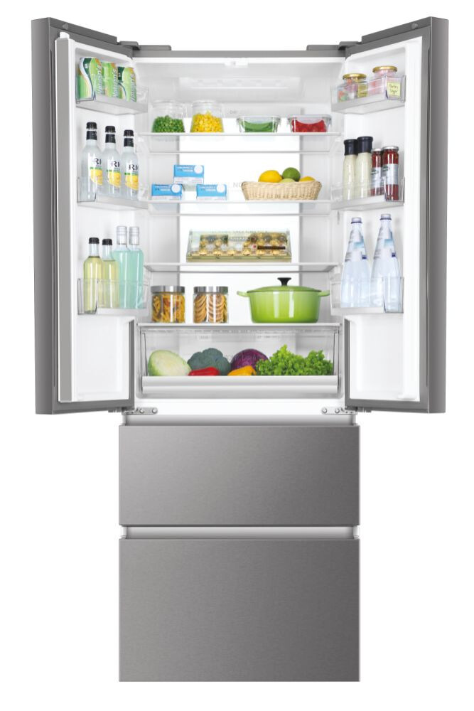 Frigorifer inox me dyer franceze Haier HB17FPAAA, me këmbë të pavarur, 4 dyer, pa ngrica, ndriçim LED, klasi E, platinum Inox, L x H x I (mm) 700x675x1906