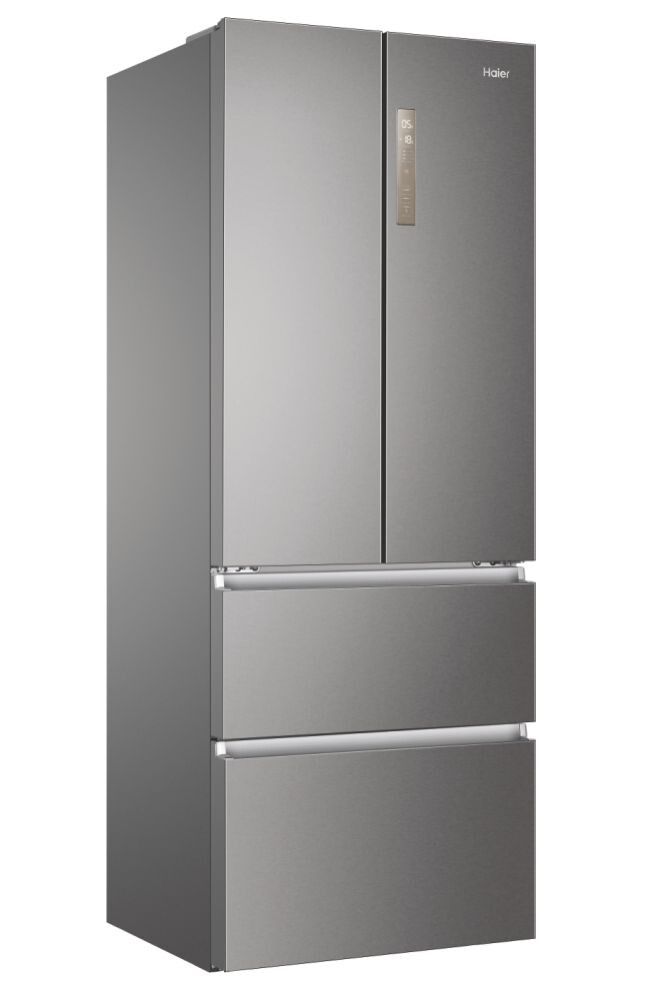 Frigorifer inox me dyer franceze Haier HB17FPAAA, me këmbë të pavarur, 4 dyer, pa ngrica, ndriçim LED, klasi E, platinum Inox, L x H x I (mm) 700x675x1906