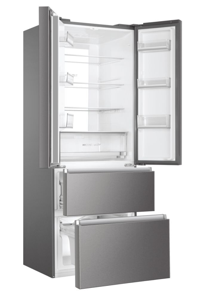 Frigorifer inox me dyer franceze Haier HB17FPAAA, me këmbë të pavarur, 4 dyer, pa ngrica, ndriçim LED, klasi E, platinum Inox, L x H x I (mm) 700x675x1906