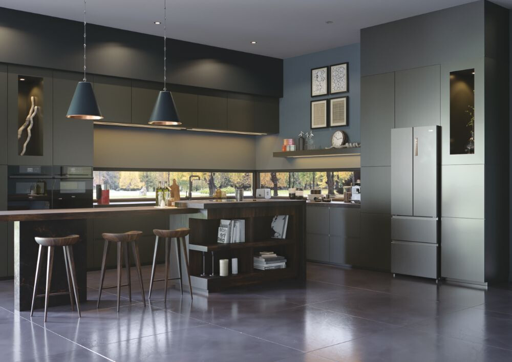 Frigorifer inox me dyer franceze Haier HB17FPAAA, me këmbë të pavarur, 4 dyer, pa ngrica, ndriçim LED, klasi E, platinum Inox, L x H x I (mm) 700x675x1906
