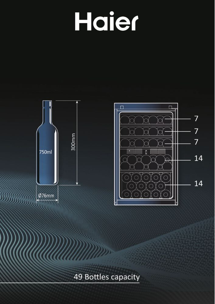 Ftohës i verës Haier HWS49GA Wine Bank 50 Series 5, 1 zonë, 49 shishe, ndriçim LED, Klasi F, L x H x I (mm) 497x585x820