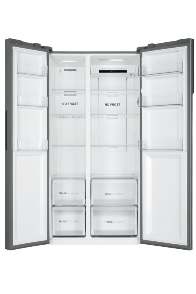 Krah për krah Haier HSR3918ENPG SBS 90 Seria 3 në këmbë, pa ngricë, ndriçim LED, klasi E, argjend i butë, L x H x I (mm) 908x647x1775