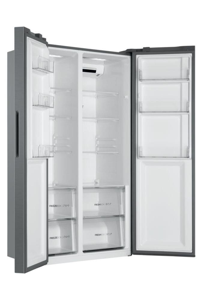 Krah për krah Haier HSR3918ENPG SBS 90 Seria 3 në këmbë, pa ngricë, ndriçim LED, klasi E, argjend i butë, L x H x I (mm) 908x647x1775