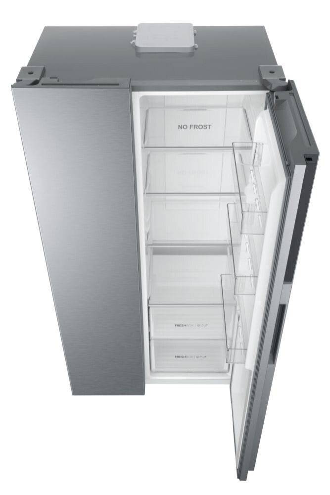 Krah për krah Haier HSR3918ENPG SBS 90 Seria 3 në këmbë, pa ngricë, ndriçim LED, klasi E, argjend i butë, L x H x I (mm) 908x647x1775