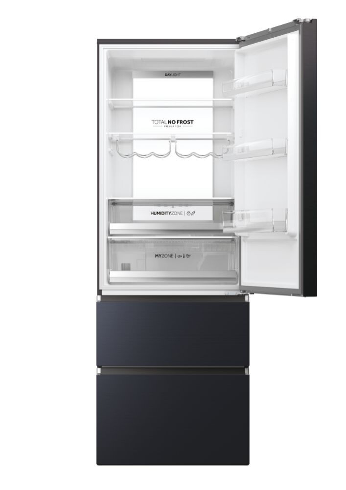 Frigorifer Haier HTW7720ENMB, 3D 70 Seria 7 i pavarur, 3 dyer, Pa ngricë, ndriçim LED, Klasa E, E zezë, L x H x I (mm) 700x675x2006