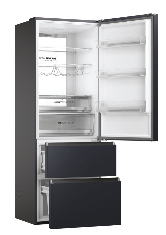 Frigorifer Haier HTW7720ENMB, 3D 70 Seria 7 i pavarur, 3 dyer, Pa ngricë, ndriçim LED, Klasa E, E zezë, L x H x I (mm) 700x675x2006