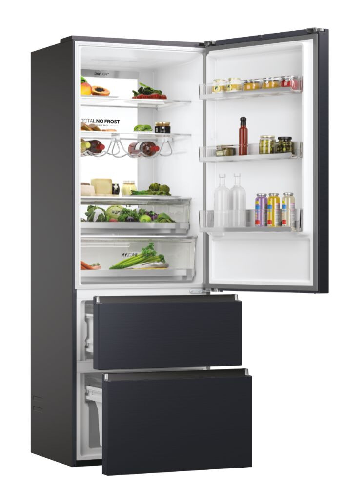 Frigorifer Haier HTW7720ENMB, 3D 70 Seria 7 i pavarur, 3 dyer, Pa ngricë, ndriçim LED, Klasa E, E zezë, L x H x I (mm) 700x675x2006