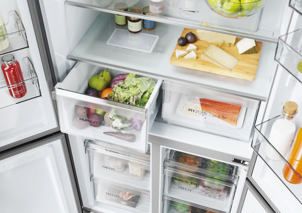 Ftohes me shumë dyer 90 Haier HCR5919ENMB Seria 5 e pavarur, 4 dyer, pa ngricë, ndriçim LED, klasi E, e zezë e krehur, L x H x I (mm) 908x648x1900