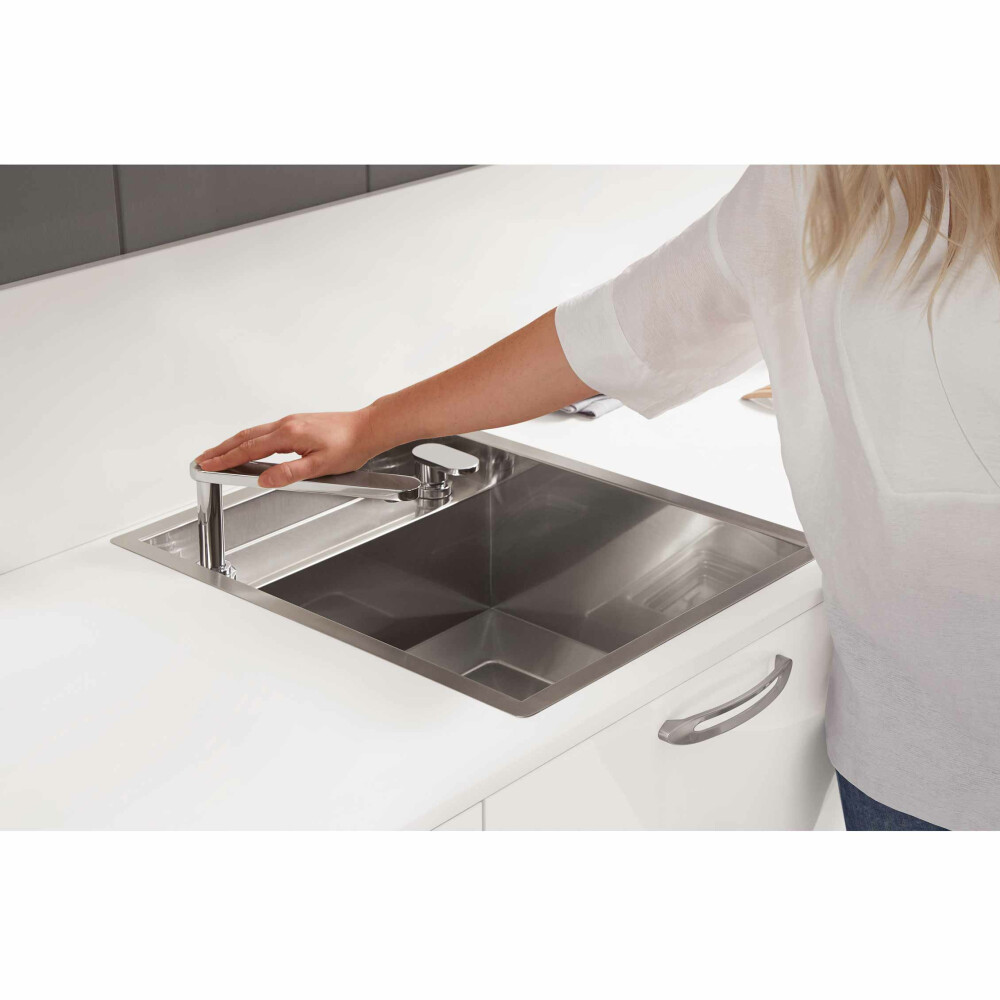 CookingAid lavaman kuzhine inoks INVISIBLE 40R me rubinet teleskopik të integruar, grirës xhami të kalitur, grirës për mbetjet ushqimore Rodi + ujë