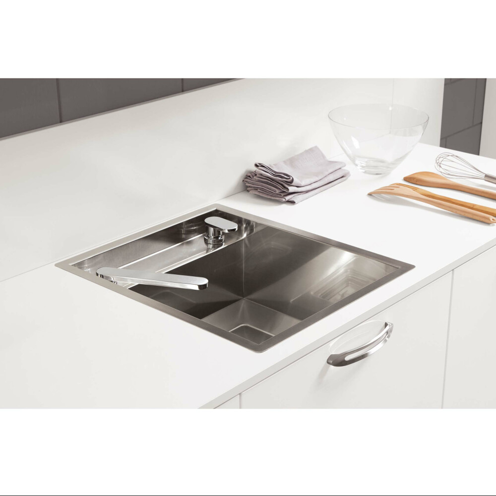 CookingAid lavaman kuzhine inoks INVISIBLE 40R me rubinet teleskopik të integruar, grirës xhami të kalitur, grirës për mbetjet ushqimore Rodi + ujë