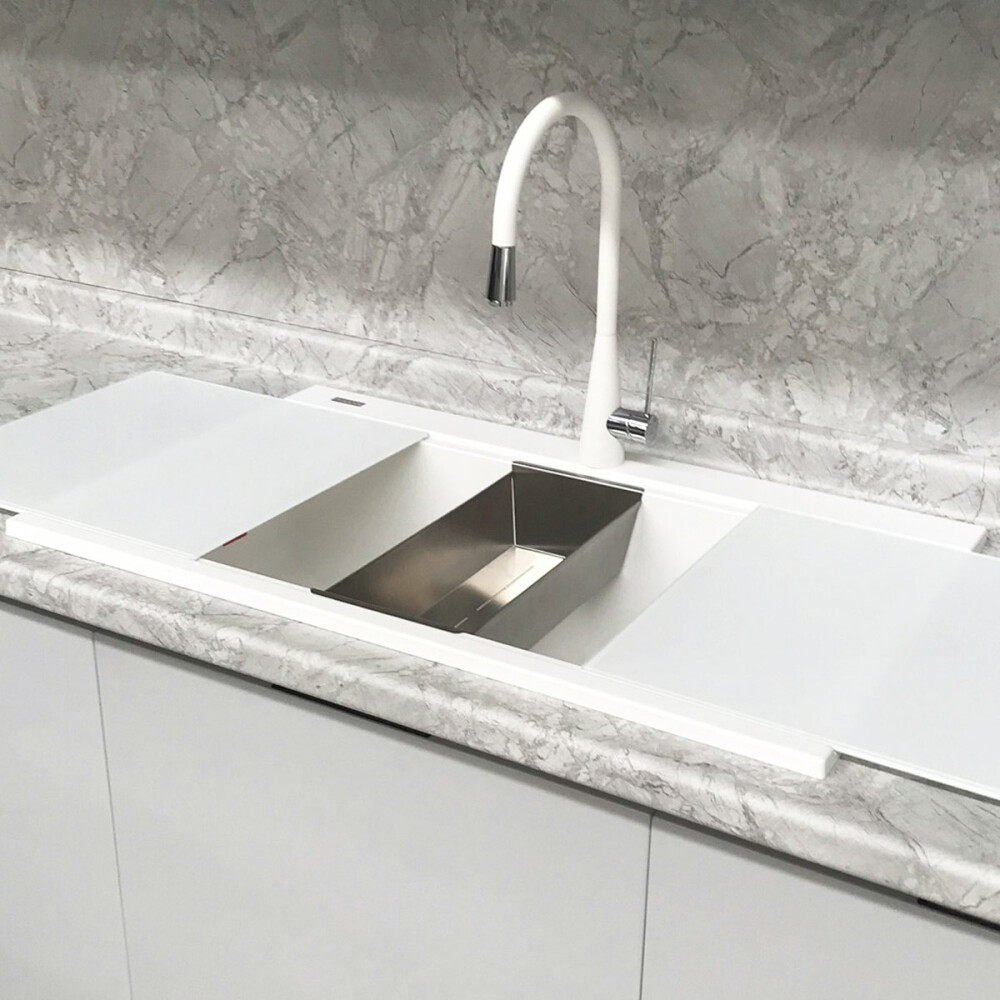 Lavaman kuzhine me dy granit me 2 tasa CookingAid Kinga LX8620 White / Polar White + aksesorë instalimi