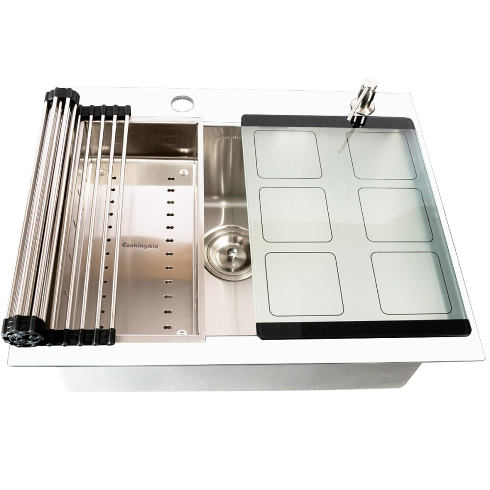 CookingAid Xhami i kalitur I BARDHË Lavaman kuzhine  inox me grirëse të personalizuar me xham të kalitur, kullues enësh/makaronash/frutash, skarë rrokullisje u inox,