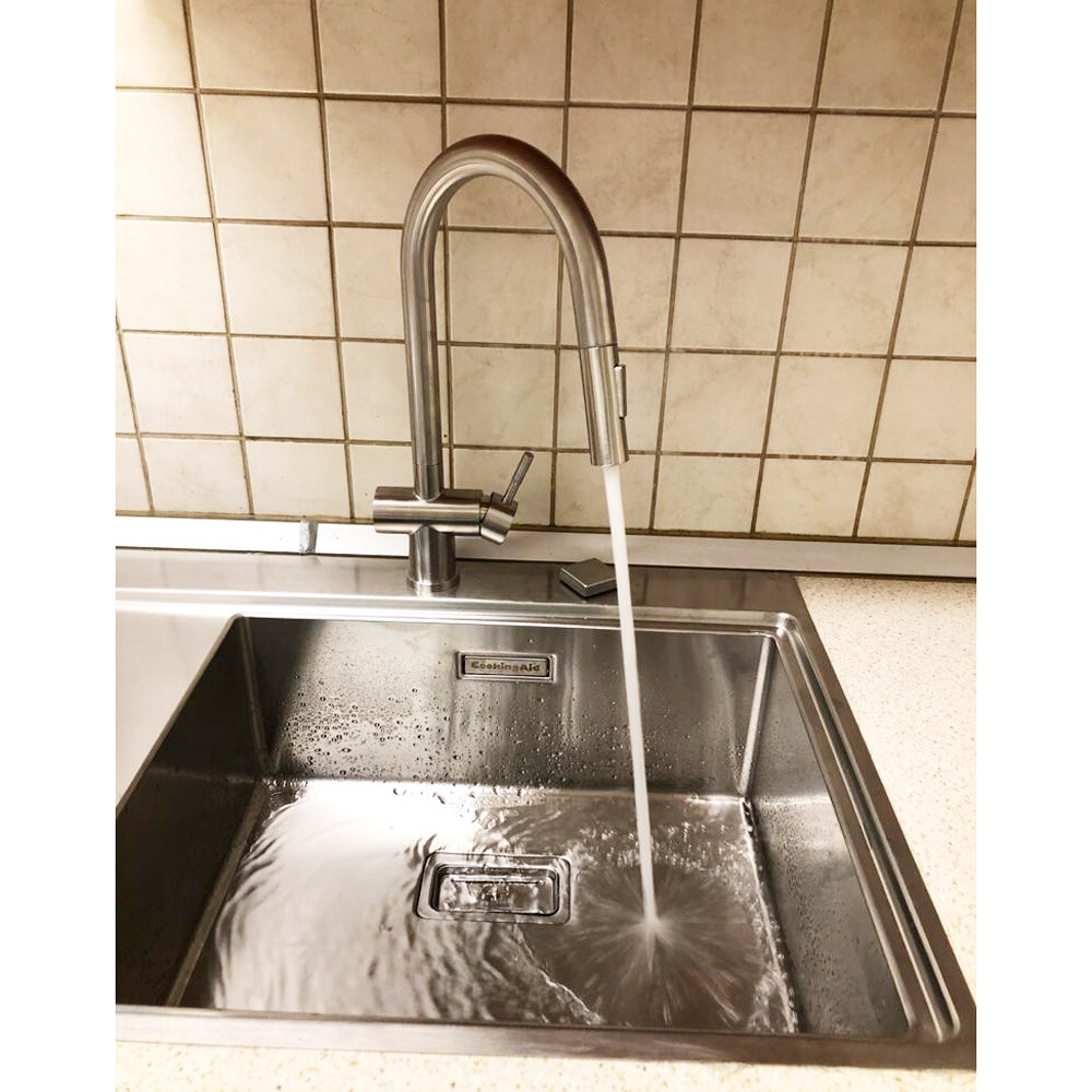 CookingAid XERON 105 Djathtas lavaman kuzhine inox me valvul kullimi drejtkëndor automatik dhe aksesorë montimi