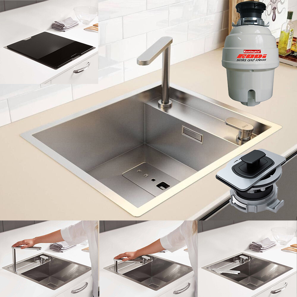 CookingAid lavaman kuzhine inoks INVISIBLE 40R me rubinet teleskopik të integruar, grirës xhami të kalitur, grirës për mbetjet ushqimore Rodi + ujë