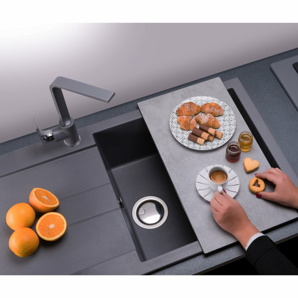 Lavaman kuzhine graniti CookingAid Amanda AM9910 E zezë / E zezë kuarc metalik i kthyeshëm majtas/djathtas me pikatore + aksesorë montimi
