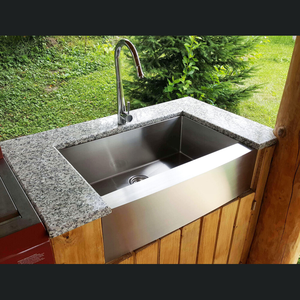 Lavaman kuzhine  inox me ballë të dukshme Përparëse CookingAid FARMHOUSE E madhe me kullues enësh/makaronash/frutash, skarë rrokullisje u inox, shpërndarës sapuni + aksesorë