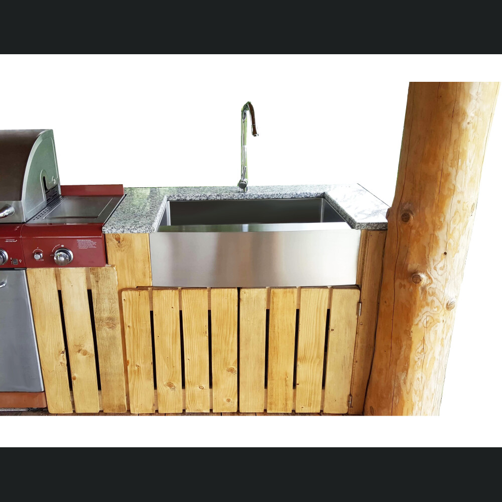 Lavaman kuzhine  inox me ballë të dukshme Përparëse CookingAid FARMHOUSE E madhe me kullues enësh/makaronash/frutash, skarë rrokullisje u inox, shpërndarës sapuni + aksesorë