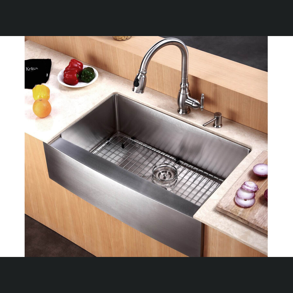 Lavaman kuzhine  inox me ballë të dukshme Përparëse CookingAid FARMHOUSE E madhe me kullues enësh/makaronash/frutash, skarë rrokullisje u inox, shpërndarës sapuni + aksesorë