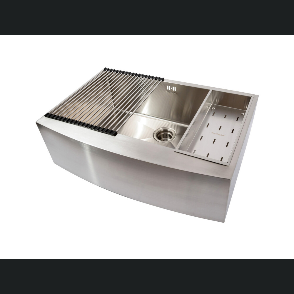 Lavaman kuzhine  inox me ballë të dukshme Përparëse CookingAid FARMHOUSE E madhe me kullues enësh/makaronash/frutash, skarë rrokullisje u inox, shpërndarës sapuni + aksesorë