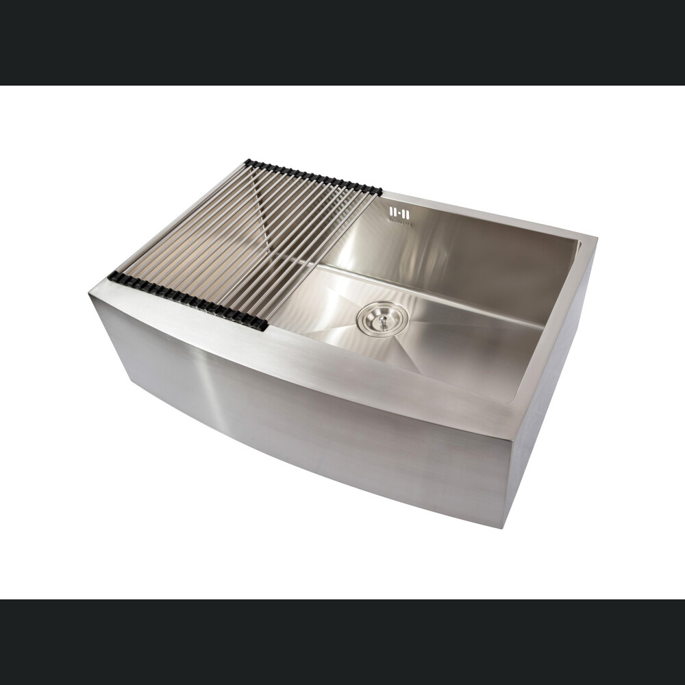 Lavaman kuzhine  inox me ballë të dukshme Përparëse CookingAid FARMHOUSE E madhe me kullues enësh/makaronash/frutash, skarë rrokullisje u inox, shpërndarës sapuni + aksesorë