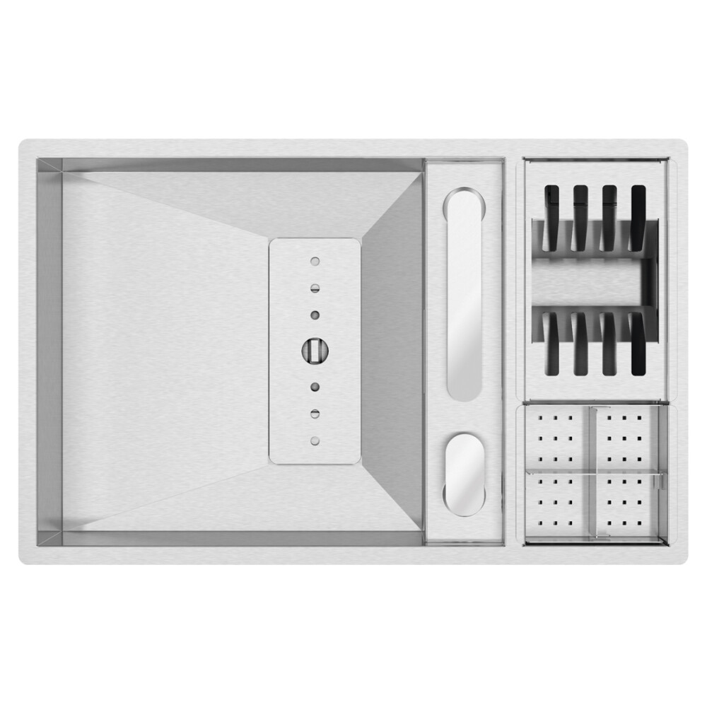 CookingAid lavaman kuzhine INVISIBLE 70 inox me kullues enësh dhe rubinet teleskopik të integruar, mbulesë të padukshme kullimi, grirëse xhami të kalbur