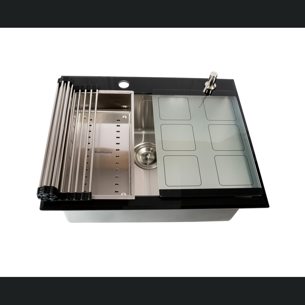 CookingAid GLAS I ZI I Zi Lavaman kuzhine  inox me gërshërë të personalizuar me xham të kalitur, kullues enësh/makaronash/frutash, skarë rrokullisje u inox,