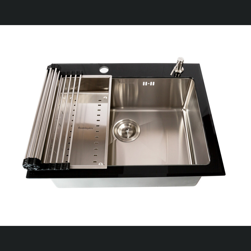 CookingAid GLAS I ZI I Zi Lavaman kuzhine  inox me gërshërë të personalizuar me xham të kalitur, kullues enësh/makaronash/frutash, skarë rrokullisje u inox,