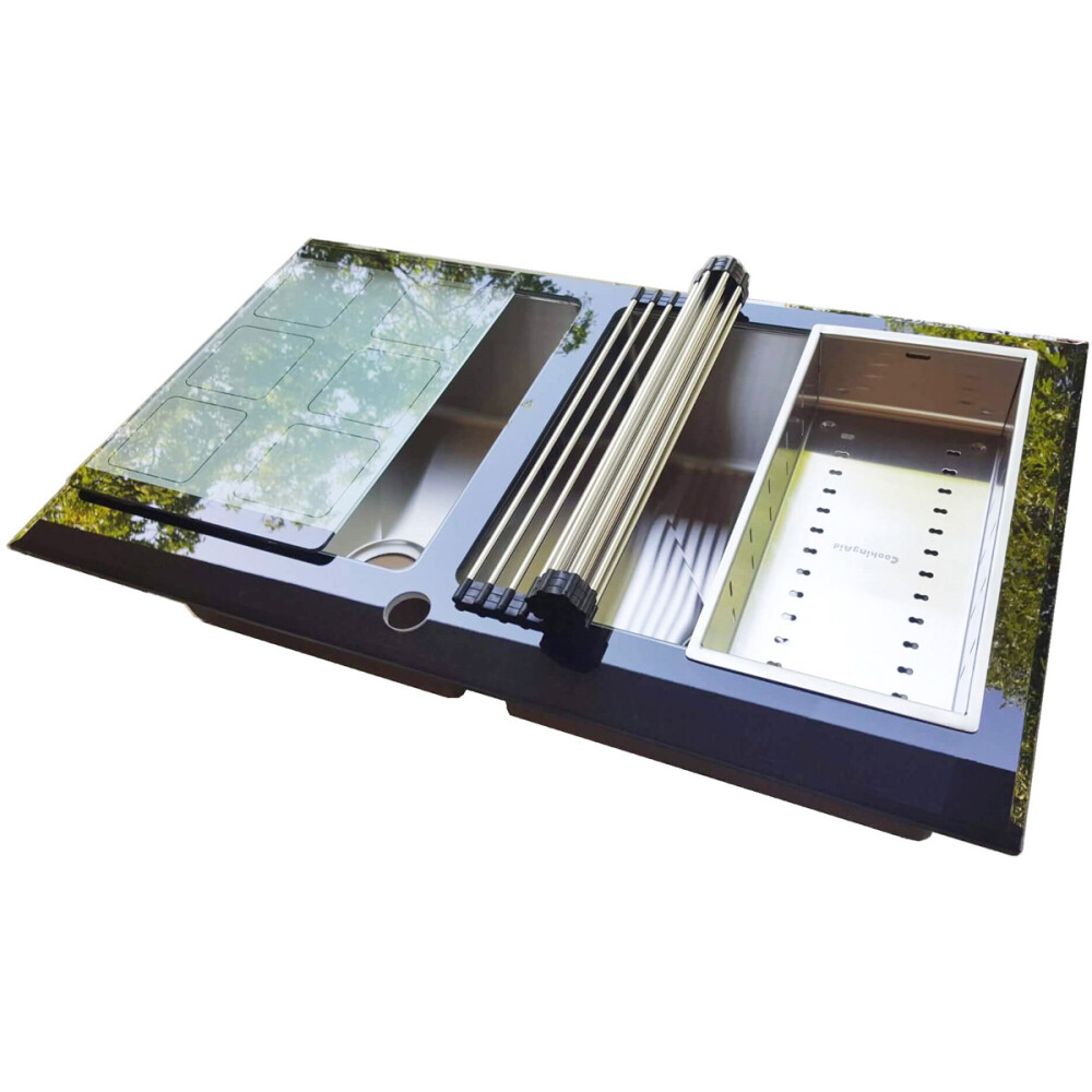 Lavaman kuzhine u inox CookingAid TEMPERED GLASS DUO me grirëse të personalizuar të xhamit të kalitur, kullues enësh/makaronash/frutash, skarë rrotullimi prej u inoks + një