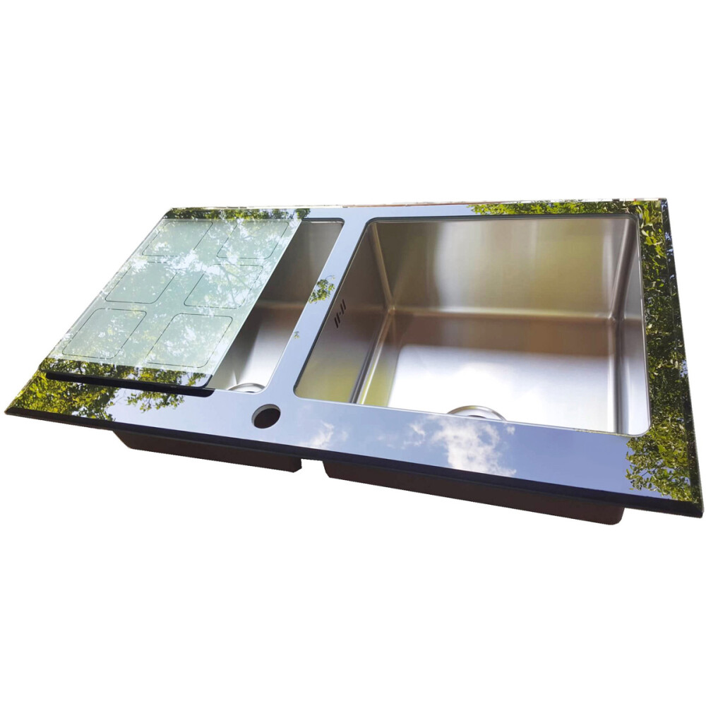 Lavaman kuzhine u inox CookingAid TEMPERED GLASS DUO me grirëse të personalizuar të xhamit të kalitur, kullues enësh/makaronash/frutash, skarë rrotullimi prej u inoks + një