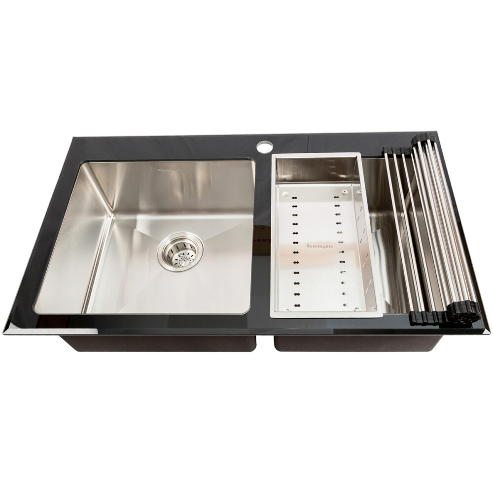 Lavaman kuzhine u inox CookingAid TEMPERED GLASS DUO me grirëse të personalizuar të xhamit të kalitur, kullues enësh/makaronash/frutash, skarë rrotullimi prej u inoks + një