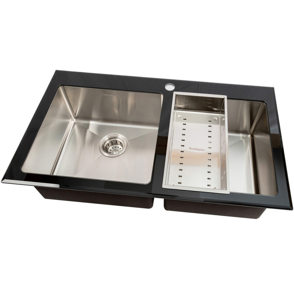Lavaman kuzhine u inox CookingAid TEMPERED GLASS DUO me grirëse të personalizuar të xhamit të kalitur, kullues enësh/makaronash/frutash, skarë rrotullimi prej u inoks + një