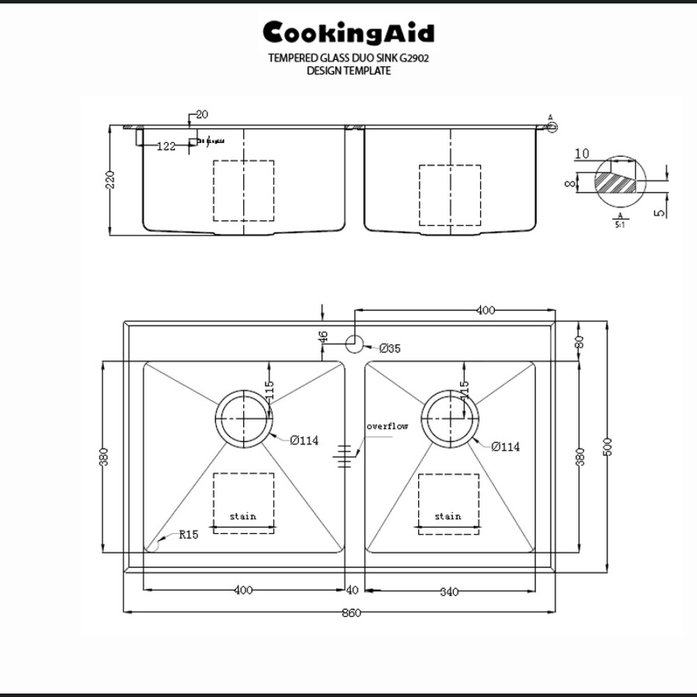 Lavaman kuzhine u inox CookingAid TEMPERED GLASS DUO me grirëse të personalizuar të xhamit të kalitur, kullues enësh/makaronash/frutash, skarë rrotullimi prej u inoks + një