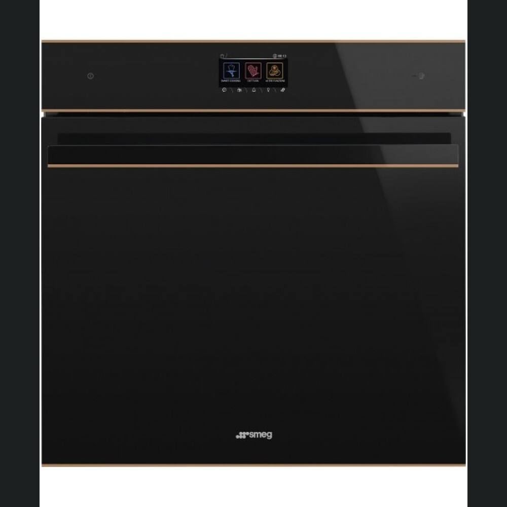 Furrë me pirolizë dhe avullore SMEG Dolce Stil Novo, SOP6604S2PNR, e zezë me shkëlqim me detaje bakri, 60 cm, kapaciteti 68 l, klasi A+