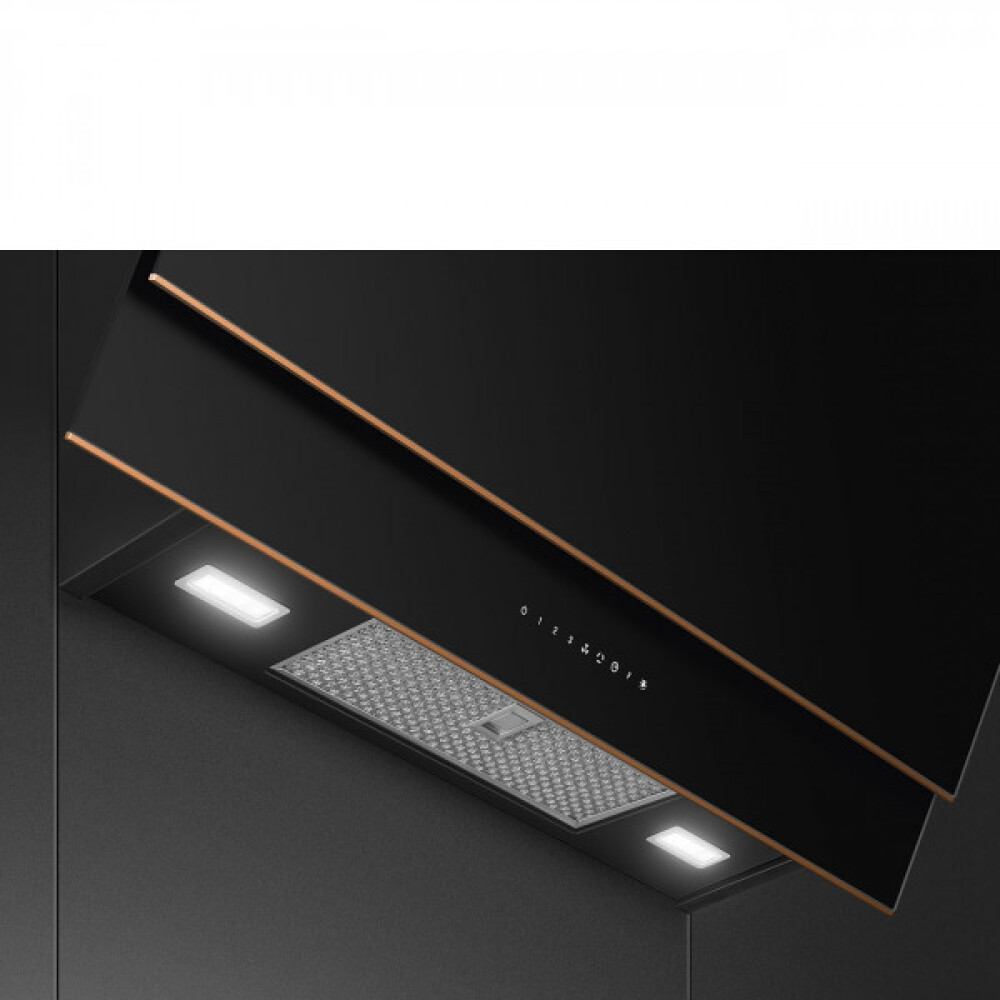Aspirator dekorativ muri SMEG Dolce Stil Novo KV694R, xham i zi dhe bakri, 90 cm