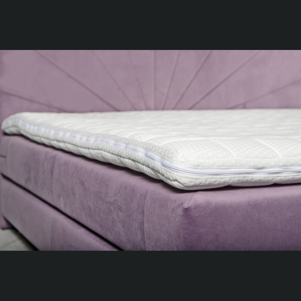 Krevat Sella boxspring, tapiceri lineare, me lartesi fundi krevati 110 cm, dyshek i perfshire, pa siper