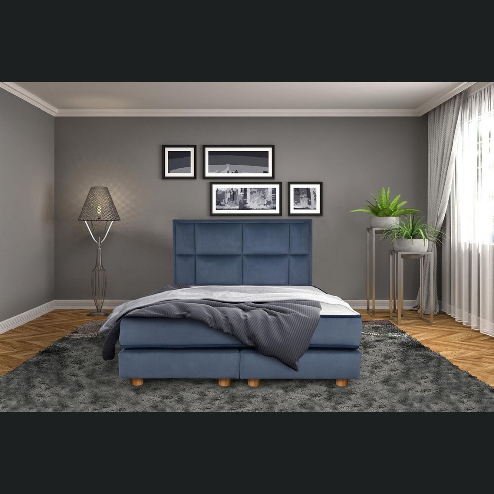 Krevat Vadret boxspring, tapiceri e madhe katrore, lartësia e skajit të krevatit 140 cm, dysheku i përfshirë, sipërfaqja e përfshirë