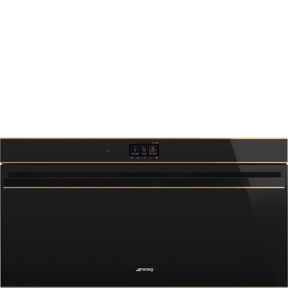 Furrë me termoventilim dhe pirolizë SMEG Dolce Stil Novo, SFPR9604TNR, e zezë me shkëlqim me detaje bakri, lartësi e ulët, 90 cm, kapaciteti 85 l, klasi A+