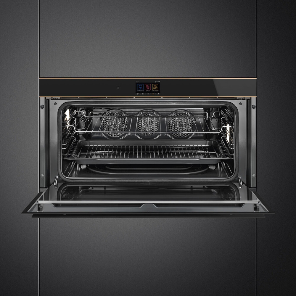 Furrë me termoventilim dhe pirolizë SMEG Dolce Stil Novo, SFPR9604TNR, e zezë me shkëlqim me detaje bakri, lartësi e ulët, 90 cm, kapaciteti 85 l, klasi A+