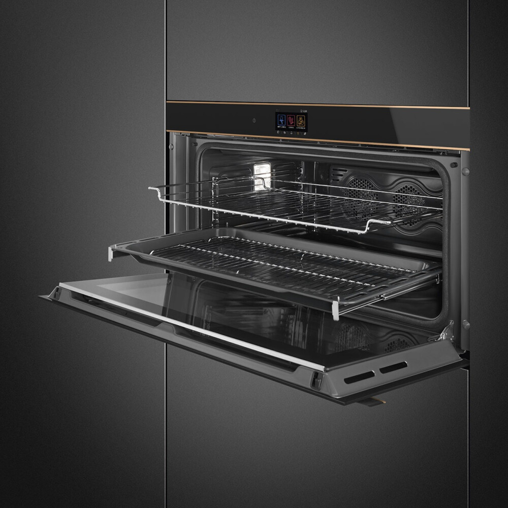 Furrë me termoventilim dhe pirolizë SMEG Dolce Stil Novo, SFPR9604TNR, e zezë me shkëlqim me detaje bakri, lartësi e ulët, 90 cm, kapaciteti 85 l, klasi A+