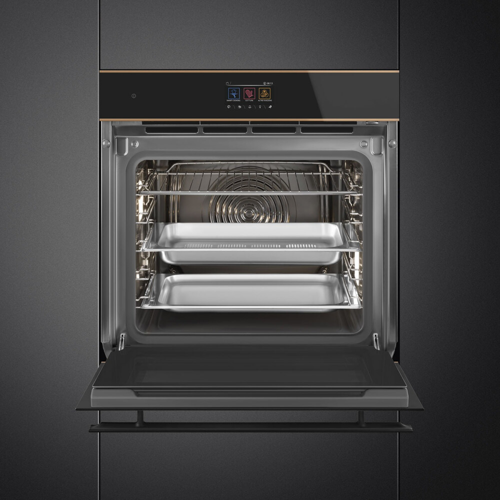 Furrë me avull SMEG Dolce Stil Novo, SO6604S4PNR, e zezë me shkëlqim me detaje bakri, 60 cm, kapaciteti 68 l, klasi A++