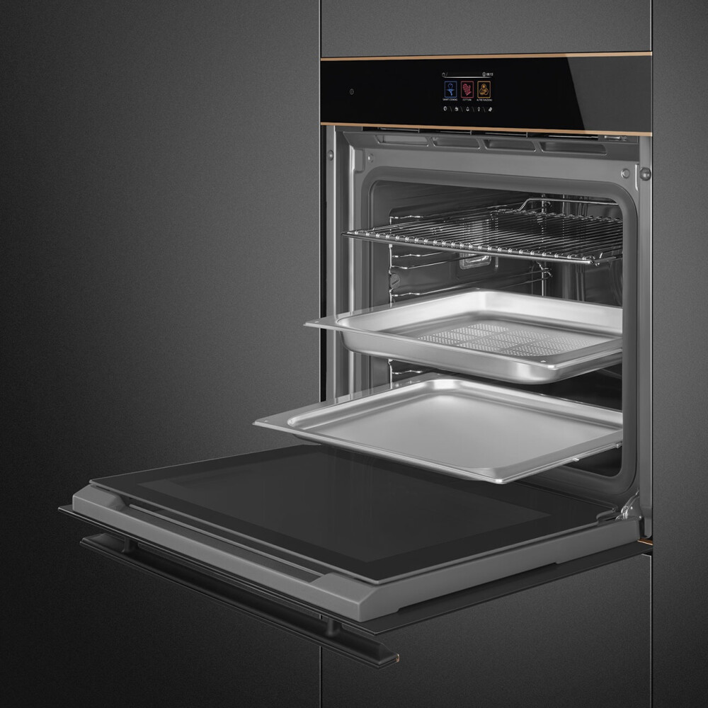 Furrë me avull SMEG Dolce Stil Novo, SO6604S4PNR, e zezë me shkëlqim me detaje bakri, 60 cm, kapaciteti 68 l, klasi A++