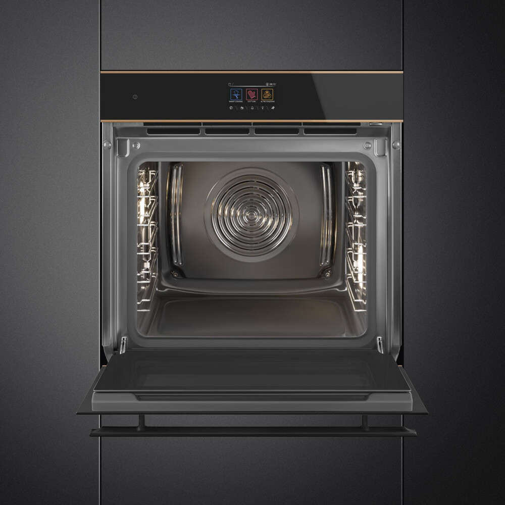 Furrë me avull SMEG Dolce Stil Novo, SO6604S4PNR, e zezë me shkëlqim me detaje bakri, 60 cm, kapaciteti 68 l, klasi A++
